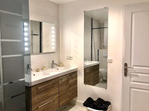une salle de bain avec un lavabo et un miroir dans l'établissement Villa La Mer new apartment 75 m2 very quiet, à Cagnes-sur-Mer