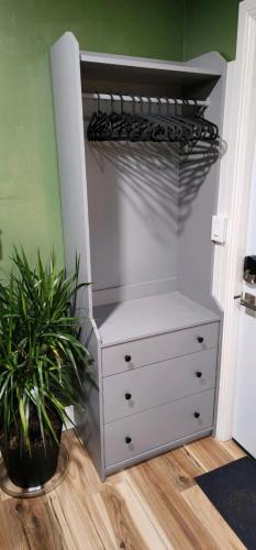 a white dresser in a room with a plant at MidTown Zen Den in Reno