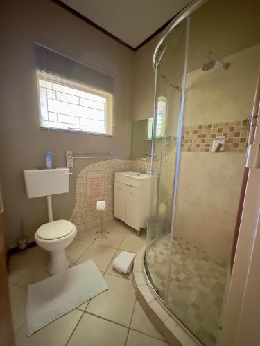 a bathroom with a toilet and a glass shower at Kliprand Guest House in Springbok
