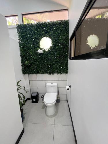 a bathroom with a toilet and plants on the wall at Mecca in Puerto Viejo