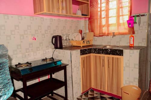 a small kitchen with a sink and a stove at Naisula Furnished Apartments in Poka