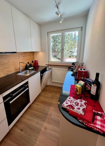 a kitchen with white cabinets and a counter with a sink at Chalet zur Höhe in Grindelwald