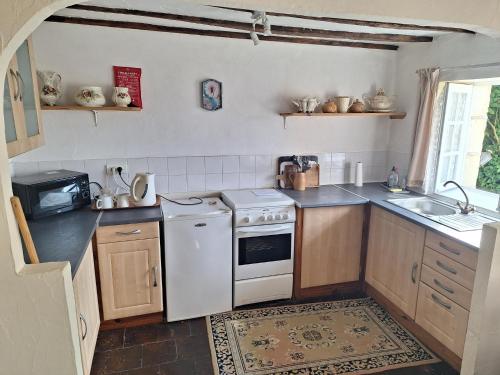 Il comprend une cuisine équipée d'une cuisinière blanche et d'un évier. dans l'établissement Boumelle Gites, à Allonnes