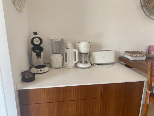 a kitchen counter with various appliances on it at Villa Rosa Palma 10 personnes piscine chauffée à St Gilles les bains in Saint-Paul