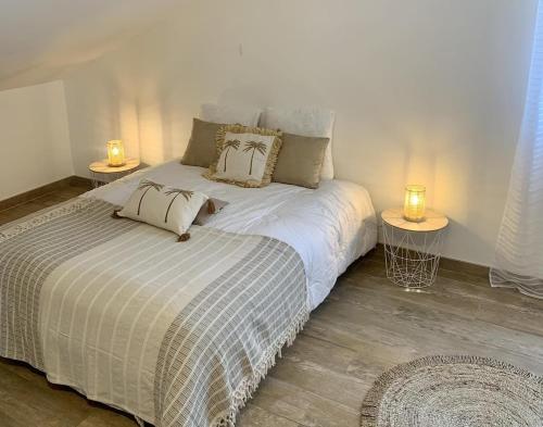 a bedroom with a bed with two lamps on it at Villa Rosa Palma 10 personnes piscine chauffée à St Gilles les bains in Saint-Paul