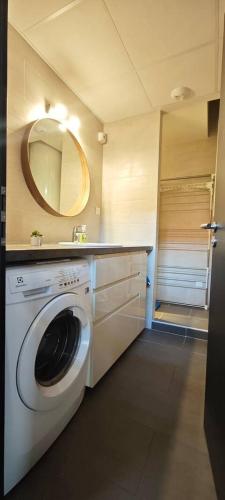 - un lave-linge dans la salle de bains pourvue d'un miroir dans l'établissement Albaron - center of Bourg Saint Maurice, à Bourg-Saint-Maurice