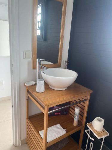 a bathroom with a sink and a mirror at Villa Rosa Palma 10 personnes piscine chauffée à St Gilles les bains in Saint-Paul