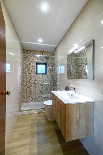 a bathroom with a sink and a toilet and a shower at Casa do Beco - Seia, Serra da Estrela in Lapa dos Dinheiros