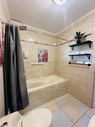 a bathroom with a tub and a toilet and a sink at Fontains Vacation House in Palm-Eagle Beach