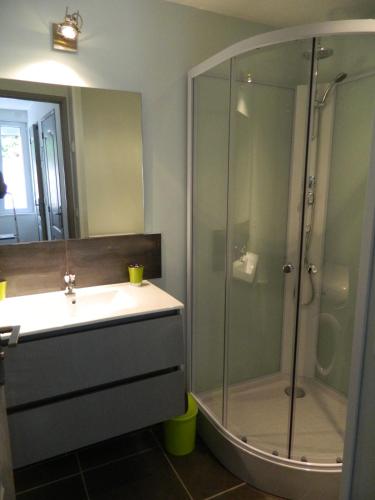 une salle de bain avec une douche en verre et un lavabo dans l'établissement Mon Refuge, à Le Port-des-Barques