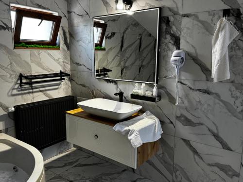 a bathroom with a sink and a mirror at Muz in Filiaşi