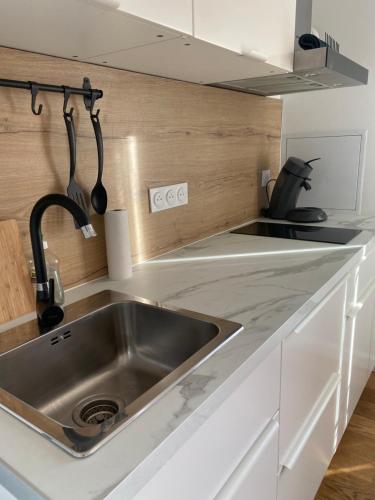 une cuisine avec un évier et un plan de travail dans l'établissement La belle vue, à Béziers