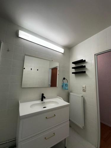 une salle de bain blanche avec un lavabo et un miroir dans l'établissement Mantes-la-Jolie Apartment 8p, à Mantes-la-Jolie