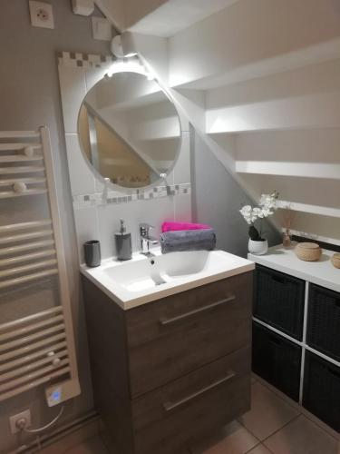 une salle de bain avec un lavabo et un miroir dans l'établissement Maison entre Seine et forêt, à Aizier