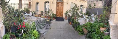 un jardin avec des fleurs et des plantes devant une porte dans l'établissement Studio 30 m2 avec jardin dans maison de maître, à Béziers
