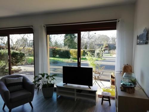 un soggiorno con TV a schermo piatto e sedia di Maison entre Seine et forêt a Aizier