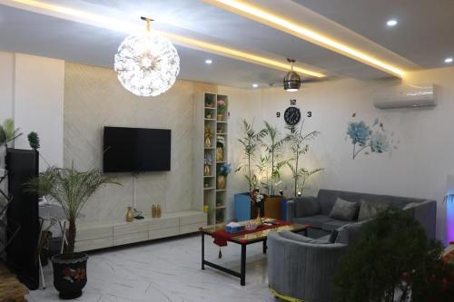ラホールにあるLuxury manzil Apartmentのソファとテレビのあるリビングルーム