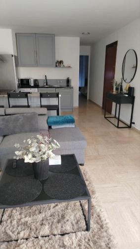 un salon avec un canapé et une table dans l'établissement Парк Круазет , Апартаменты 3 комнаты , с террасой и паркингом ,, à Cannes