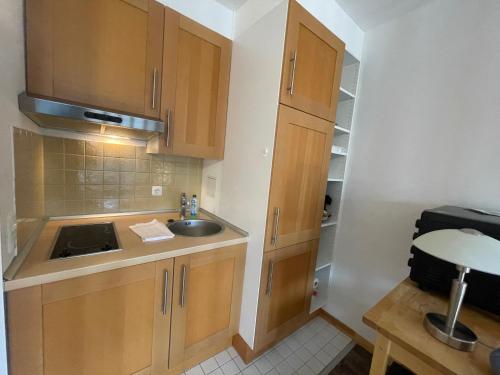 a small kitchen with wooden cabinets and a sink at Möwen Nest in Laboe
