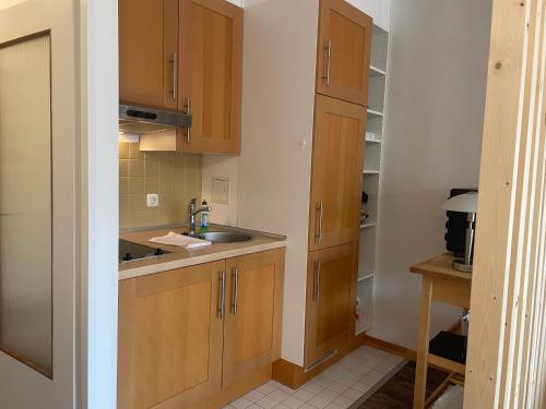 a kitchen with wooden cabinets and a sink at Möwen Nest in Laboe