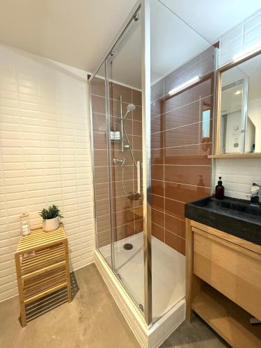une salle de bain avec une douche en verre et un lavabo dans l'établissement Maison des berges, à Arles