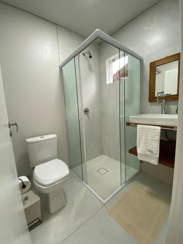 a bathroom with a shower and a toilet and a sink at Suíte Santa Catarina in Pomerode