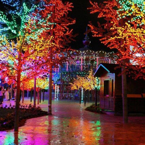 a group of trees lit up with christmas lights at i-Duplex 1M2R2B Condo - LED Garden, Fun Fair, Waterpark, Wax Museum, Mall & More! in Shah Alam