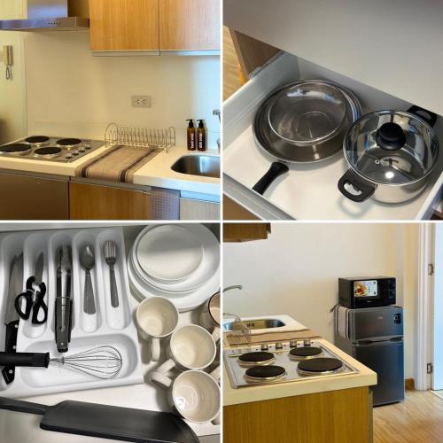 a kitchen with a stove and a stove top oven at Azure staycation by marco in Manila