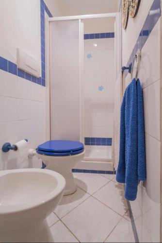 a blue and white bathroom with a toilet and a shower at Blue Wave Studio in Tellaro