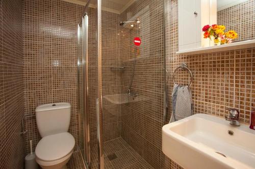 a bathroom with a shower and a toilet and a sink at Nea Kydonia suites and studios in Daratso