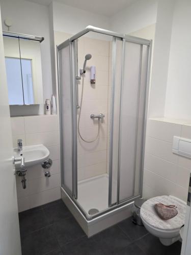 a bathroom with a shower with a toilet and a sink at Ganz Apartments in Fürth