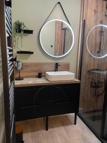 une salle de bain avec un lavabo et un miroir dans l'établissement Sevrier, appartement 73M2 avec terrasse , 4pers, à Sévrier