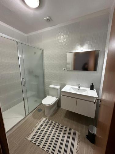 a bathroom with a toilet and a shower and a sink at Casa da vinha in Anreade