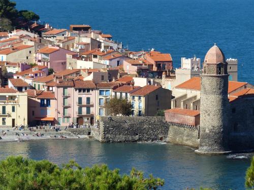a view of a town with a tower in the water at Château d'Ortaffa in Ortaffa