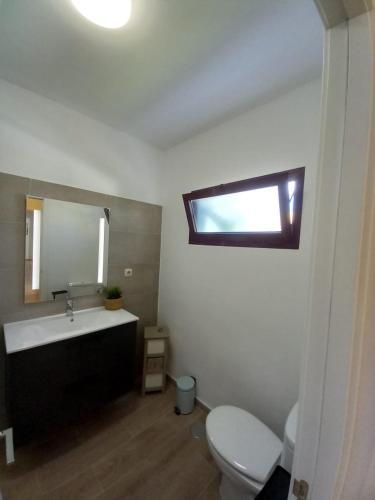 a bathroom with a toilet and a sink and a mirror at Casa Vacacional Villa Liberty in Corralejo
