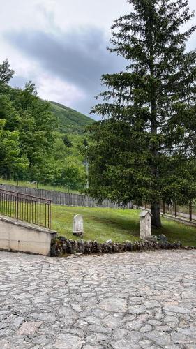 a cemetery with a tree and a bench in a field at Casa Belvedere Leonessa in Leonessa