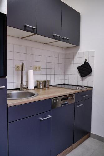 a kitchen with blue cabinets and a sink at Gemütliches Apartment in Chemnitz Rabenstein in Chemnitz