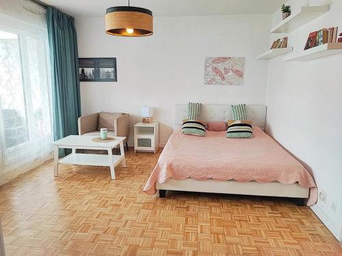 a bedroom with a bed and a couch and a table at T1 proche de Genève - Parking, zone calme et bien desservie - belle vue in Annemasse