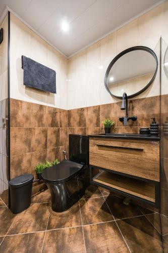 a bathroom with a sink and a toilet and a mirror at AGIA 3-comfort apartment Sofia in Sofia