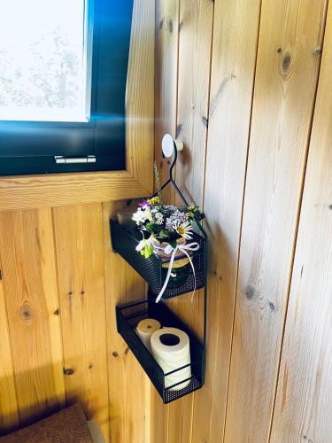 a bathroom with a toilet on a wooden wall at B&B Pod Lake Plateliai in Medsėdžių