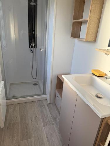une salle de bain avec douche et lavabo dans l'établissement camping onzain 4 etoiles, à Onzain