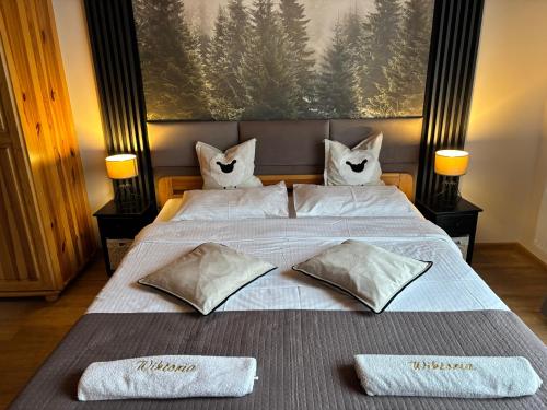 什恰夫尼察Pokoje Gościnne WIKTORIA的卧室里有一张床，床上有两个猫形枕头