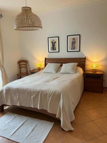 a bedroom with a large bed with two night stands and two lamps at Tavira Garden- 2 bedrooms-2pools-2 balconies in Tavira