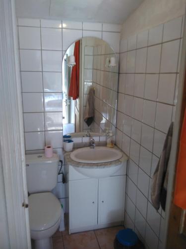 a bathroom with a toilet and a sink and a mirror at Crew Lighthouse in Antibes