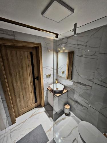 a bathroom with a sink and a toilet and a mirror at Apartamenty nad Kamiennym Potokiem 2 in Szczytna