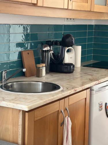 Una encimera de cocina con fregadero y azulejos verdes. en Sardine Sanctuary - The Cozy Can, en Ferrel