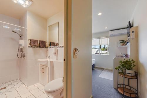 a bathroom with a toilet and a sink at Boutique Motel in Nelson