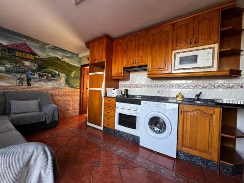 a kitchen with a washing machine and a microwave at Apartamentos casa Carola in Viodo