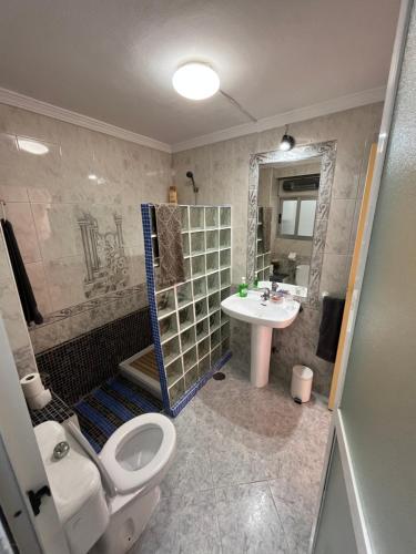 een badkamer met een toilet, een wastafel en een douche bij Casa rural Martín in Granada