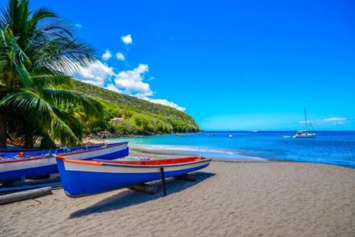 a boat sitting on a beach next to the ocean at Villa Exotic in Le Robert